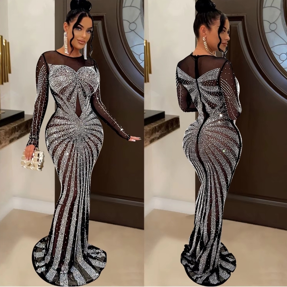 NWT "Sheer-On-Stone" Elegant Black and Silver Stoned Evening Gown Size M
